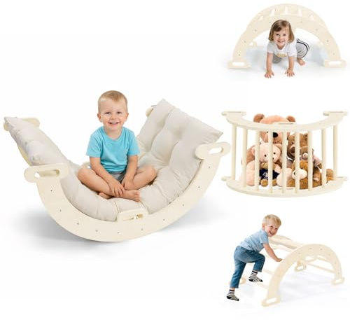 Montessori 5-in-1 Wooden Climbing Arch Set with Soft Cushion - Toddler Climber Gym (Climbing Ladder/Rocker/Crawl Tunnel) - UK Safety Compliant, Indoor/Outdoor Use（B）
