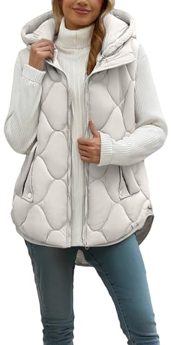 Richymfa Chaleco de plumón para mujer con capucha, chaleco de invierno largo con cremallera y bolsillos plumón para mujer de color liso chaqueta acolchada térmica abrigo ligero trabajo para