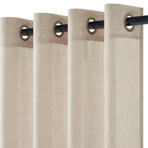 Topfinel Beige linne-interiörgardiner 140 x 225 cm 2 stycken, moderna sovrumsgardiner med ringar, transparent fönstergardin dekoration för vardagsrum vardagsrum