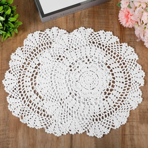 Crochet Doilies, 2 Pcs 11.8 Inch Round Cotton Lace Doilies for Tables Handmade Lace Placemats Knitted Tablecloth for Home Kitchen Dining Room Wedding Party Decoration (White)