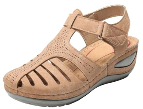 Sandaler damer läder – sandaletter stängda tofflor halkfria sandaletter ultralätta sportsandaler justerbar rem utomhussandaler bågsstöd strandskor ortopediska fritidsskor, BRUN, 42