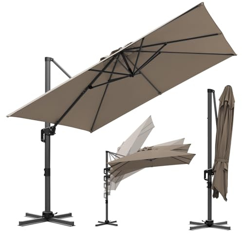 ISOISL Sonnenschirm Ampelschirm 300 x 300 cm Groß Gartenschirm mit Kurbe 360° Drehbar und Kippbar,Terrassenschirm Sonnenschutz UV50+ Gestell Aluminium,Marktschirm für Garten,Terrasse,Taupe