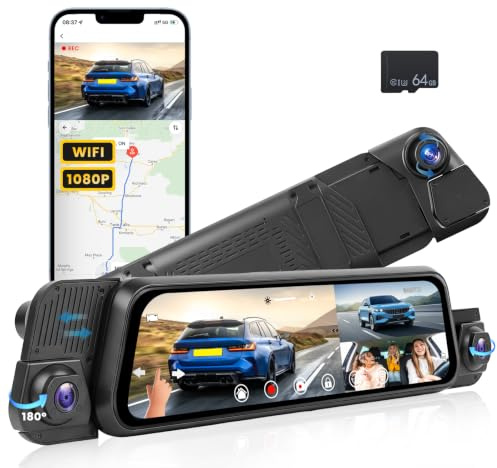 Realdio 4-Kanal 9,7 Spiegel Dashcam, WiFi, G-Sensor, Nachtsicht IR, Loop | Kostenlose 64GB Karte, 1080P Full HD Video-Aufnahme, IPS-Touchscreen-Bedienung, Streaming-Rückspiegel, Rückfahrkamera