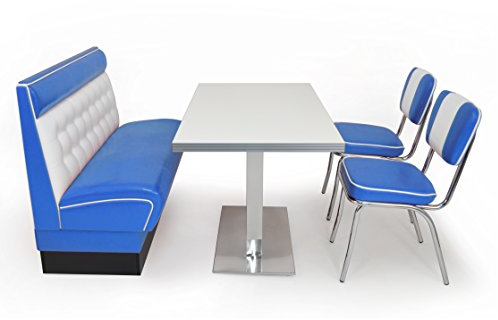 möbelland24 American Diner Sitzgruppe blau: Sitzbank Chicago 120cm + Diner Tisch + 2X Retro Stuhl