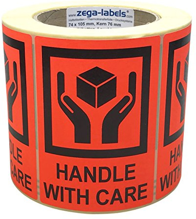 Warnetiketten auf Rolle - Handle with care! - 500 Stück je Rolle - 74 x 105 mm - Leuchtrot Haftpapier stark haftend - Versandaufkleber - Paketaufkleber