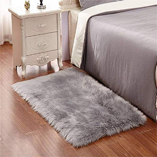 DQMEN Spitzenqualität Lammfellimitat Teppich, Kunstfell Dekofell Lammfellimitat Teppich Longhair Fell Nachahmung Wolle Bettvorleger Sofa Matte (Grau, 80 X 180cm)