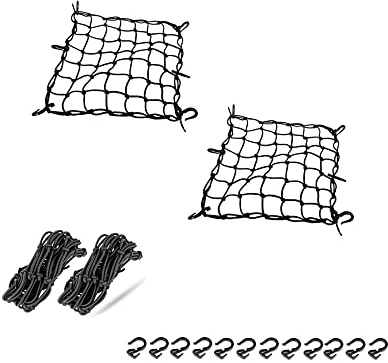 2Packs 15''x15'' Cargo Net, Heavy Duty Bungee Net Stretch up to 30'' x 30'',Gear Helmet Luggage Thicken Netting with 2x2 Small Mesh & 6 Adjustable ABS Hooks for Motorcycle, Bike, ATV