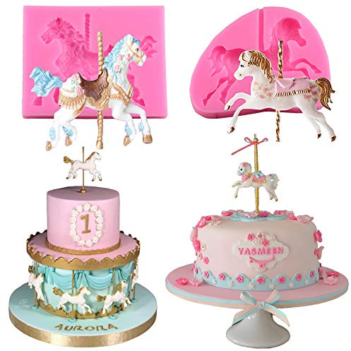 2 Stück/Set Karussell-Pferd-Silikonformen für Kuchen und Fondant, für Zuckerbäcker, Cupcakes, Blütenpaste, Dekorationsform für Karussell-Kuchenaufsatz, Geburtstags- oder Babyparty-Dekorationen