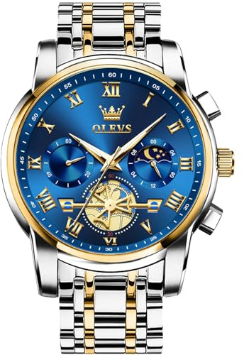 OLEVS Blue Watches for Men Analog Quartz Stainless Steel Fashion Sport Mens Wrist Watch Classic Luminous Dress Mens Watches Gold and Silver Chronograph Moon Phase Luxury Relojes para Hombres