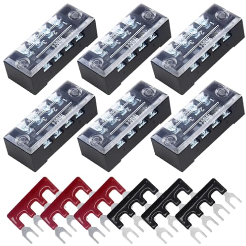 CEEYSEE Schraubklemmenleiste, 6 Stück 4 Positionen zweireihig abgedeckte Schraubklemme 600V 15A + 6 Stück 4 Positionen vorisoliert schwarz/rot Gabelklemmleiste 400V 15A (DTB1504)