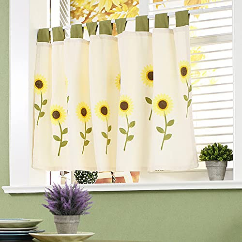 Ricemru Kurz Scheibengardinen Blickdicht Landhausstil Schlaufen Sonnenblume Bistrogardinen Modern Küche Kurzgardine Vorhänge für Kleine Fenster,150x77cm