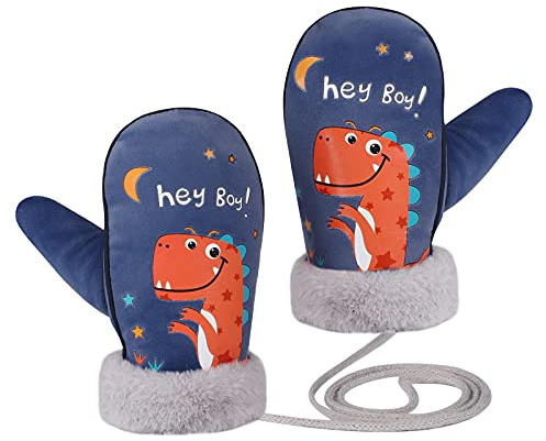 TAGVO Gants et Moufles Hiver Fille Garçon, Moufle Epais Enfant Gant Tricoté avec Ficelle Gant Chaud Moufle Mignon en Motif de Dinosaure pour Enfants Gloves Ski