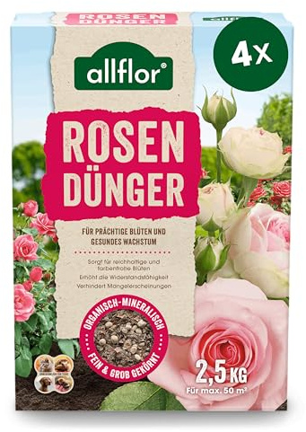 Allflor Rosen-Dünger 4 x 2,5 Kg in der Faltschachtel I Rosendünger mit organisch-mineralischer Nährstoffkombination und spezieller Rosen-Formel I NPK-Dünger 5+7+4 plus Magnesium