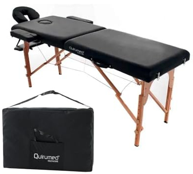 Quirumed Lettino da massaggio pieghevole in legno facile, colore nero, 194 x 70 cm, lettino da massaggio, massaggio fisioterapico, similpelle, testa articolata, altezza regolabile, 2 sezioni,