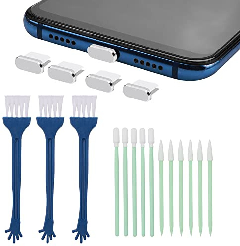 cobee Kit de Nettoyage de téléphone Portable, 17PCS kit de Brosse de Nettoyage de Port de téléphone USB C métal Anti-poussière Prise téléphone Haut-Parleur brosses de Nettoyage (Argent)