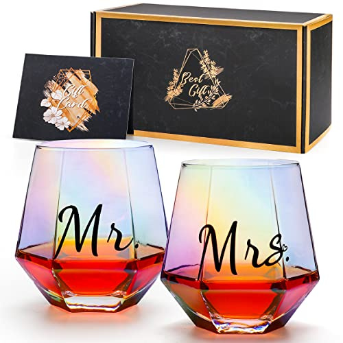 Gutsdoor Mr and Mrs Wine Glasses, Stemless Iridescent Wine Glasses Set of 2, 10 Oz Diamond Shaped, Unique Rainbow Valentines Engagement Wedding Gifts for Him and Her