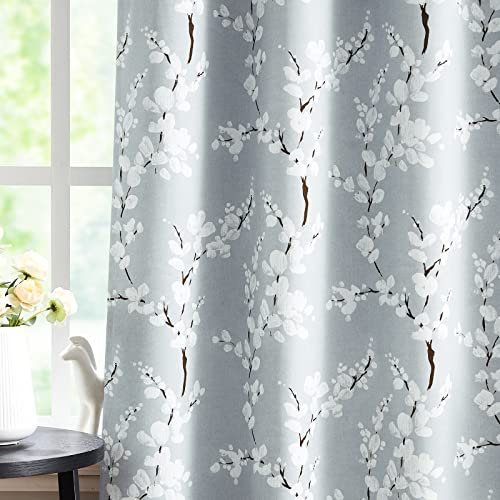 Fmfunctex Grey Floral Blackout Curtains for Bedroom 54 inch Drop Eyelet Curtains for Living Room Nursary Blossom Thermal Insulated Window Curtain Panels 2 Panels White on Grey