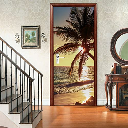 A.Monamour Türtapete Selbstklebend Türfolie Türposter 3D Tropischer Strand Sonnenuntergang Palme Silhouette Natur Landschaft Vinyl Folie Türdeko Tapete Wandbild Türaufkleber Türtattoo 85 x 200 cm