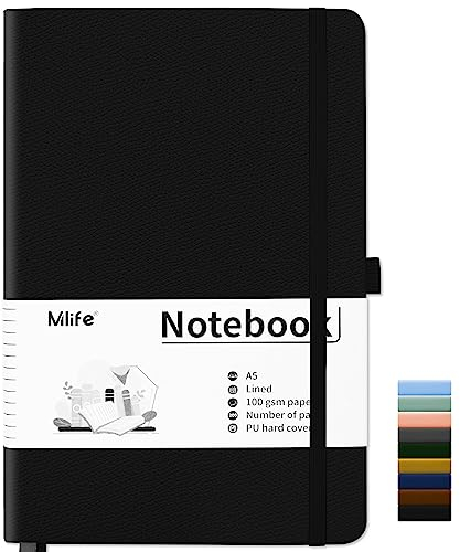 Mlife Notizbuch liniert A5,Journal Buch mit 200 Seiten,Premium 100gsm Tintenfestes Papie Dickes,PU Hard Cover Notebook,Innentasche,Elastisch Gebändert,bullet journal & Notizblock Hardcover(Schwarz)