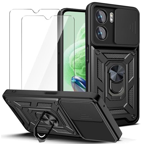 LYZXMY Funda para Motorola Moto G14 4G (6.5) + 2 x Protector de Pantalla Vidrio Templado - Carcasa con Soporte rotativo de 360 °[ Doble Capa PC + TPU ] Caso Case Negro