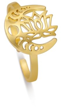 Dreamtimes Mondsichel Ringe für Frauen Mädchen Einstellbare Edelstahl Offene Finger Lotus Blume Yoga Ringe Trendy Bohème-Schmuck
