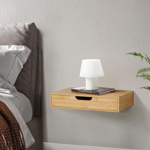 [en.casa] Étagère Murale avec Tiroir Table de Chevet Flottante Table de Nuit Table d'Appoint pour Chambre Salon Entrée Cuisine Bambou 40 x 24 x 8 cm Naturel