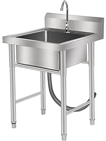 Freistehendes Küchenspülbecken mit Wasserhahn, 304-Edelstahl-Einzelbecken-Einbauwaschbecken für Bauernhaus | Gewerbe | Vorbereitungsarbeitsplatz, 50 cm x 80 cm, 60 cm x 80 cm