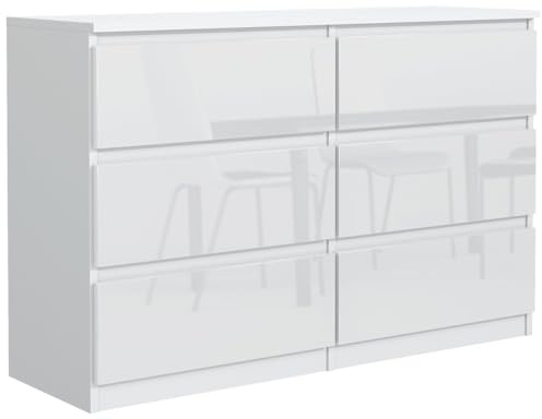 MebLocker byrå med 6 lådor 120 cm, perfekt för vardagsrum, sovrum, barnrum, ungdomsrum och kontor, modern elegant lösning för snygg förvaring och organisering (vit högglans)