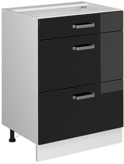 Vicco Küchenunterschrank R-Line, Schwarz Hochglanz, 60 cm | 3 Schubladen · Ohne Arbeitsplatte · Höhenverstellbare Füße · ✓ Leichter Zugriff · ✓ Frei kombinierbar