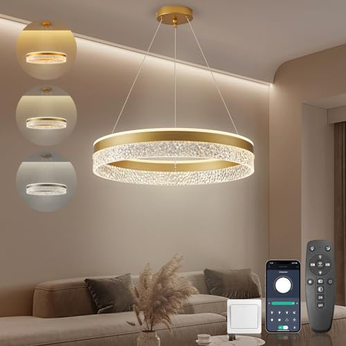 KSIBNW Hängelampe LED Pendelleuchte Dimmbare Wohnzimmer, 60W Moderne Hängeleuchte Rund Ø50cm Pendellampe Esszimmer mit Fernbedienung & APP Kücheninsel Gold Esstischlampe Höhenverstellbar 2700K-6500K