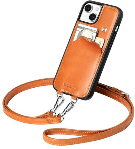 LUCKYCOIN Crossbody Wallet Phone Case for iPhone 15,100% Genuine Leather Phone Purse Case for Women,with Expandable Card Holder,with Adjustable & Removable Strap Retro Brown