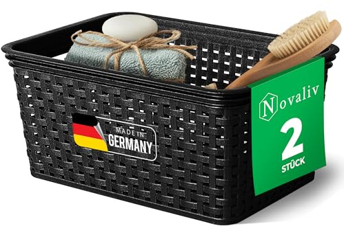 Novaliv 2 Stück Eleganter Aufbewahrungskorb in Rattan-Optik | Schwarz Kunststoff 5L ? Perfekt für Bad & Kleidungsaufbewahrung. Aufbewahrungsbox Badezimmer Körbchen Bad Organizer Korb Ordnungsbox