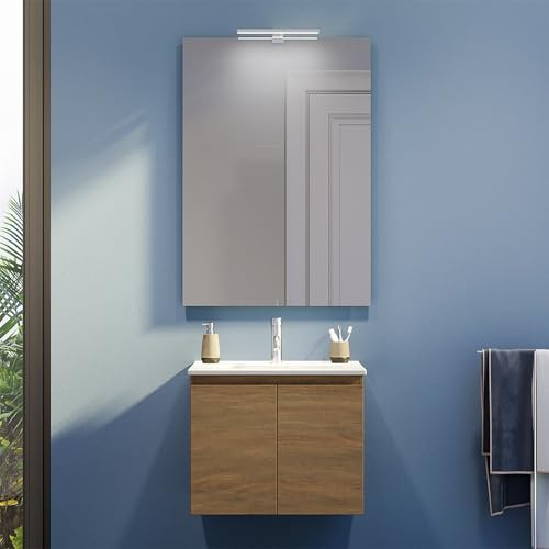Parama Mobile Da Bagno Sospeso Mod. Yili Con Lavabo In Ceramica Profondità 46cm Specchio Filolucido Incluso (80cm Due Ante, Rovere scuro)