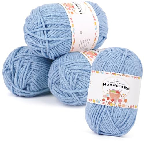 Aeelike 200g(4x50g) Häkelgarn Baumwolle zum Stricken, Langlebige Amigurumi-Set Polyacryl Baumwollgarn, 5Ply Wolle zum Häkeln für Socken, Mützen, Schals, Pullover, Puppen, Hellblau