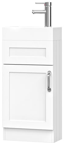 BELOFAY 400mm Floor Standing Bathroom Vanity Unit With Basin - Slim Waterproof Laquered Cloakroom Vanity Unit with 1 Tap Hole Ceramic Basin & Waste | Reversible Tap Fitting (Crawley White)
