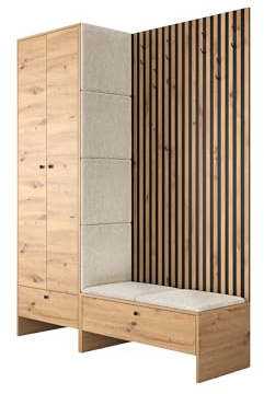 Mirjan24 Garderoben-Set Melire III, Kleiderschrank Schuhschrank Lamellen Paneel mit Kleiderhaken Gepolstertes Paneel/Wandpaneel Kleiderstange Wandgarderobe Flurgarderobe (Eiche Artisan, Abriamo 03)