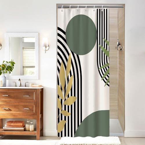 Uiiooazy Tenda da Doccia Antimuffa 90x180cm Boho Chic Foglie Verde Salvia | Tenda da Doccia Verde Astratta Righe Nero Impermeabile Tessuto in Poliestere Lavabile per Vasca da Bagno con 6 Anelli