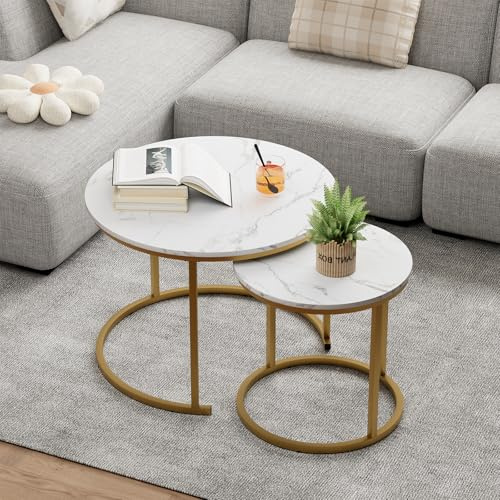 Beistelltisch Set Rund, Couchtisch 2er Set, Sofatische, Couchtisch aus Holz mit Metallrahmen, Living Room Table, Kaffeetisch, Wohnzimmertisch, Tischkombination fürs Wohnzimmer, Balkon, Weiß+Gold