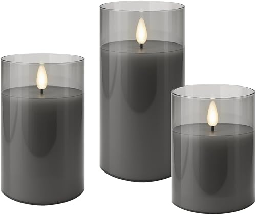 goobay 3er-Set LED Kerzen mit Timerfunktion - Echtwachs im Glas, Grau-Transparent, 3D-Docht, batteriebetrieben, warmweiß - Stilvolle LED Kerze für sichere Deko im Wohnzimmer oder Esszimmer