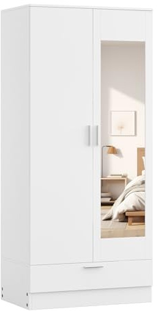 Panana 2 Doors Mirrored Wardrobe with 1 Drawer Storage Cupboard Unit Clothes Closet for Bedroom, 80 x 50 x 183cm (White)
