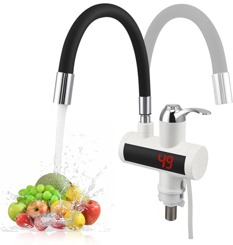 Wasserhahn mit Durchlauferhitzer Küche, 220V Elektrischer Wasserhähne mit Flexibler Auslauf und LCD Temperaturanzeige, 360º Drehung Silikonschlauchhahn, 304 Edelstahlgehäuse Wasserhahn (03)