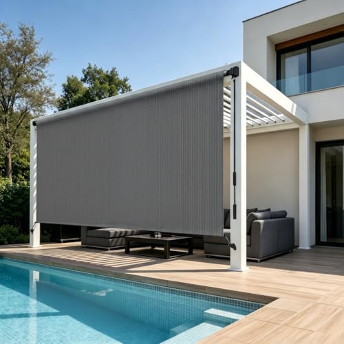 Outaro 6' W x 6' H Outdoor Roller Shades, Cordless Patio Roll Up Outdoor Blinds with 2 Poles & 1 Fabric, Exterior Sun Shade Cloth for Porch, Gazebo, Balcony, Pergola, Grey