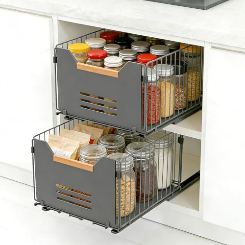 Romon Cajones Extraibles Para Cocina, Set de 2 Cajones Telescópicos con Rieles y Asa de Madera, Negro, 37,5x24,5x19 cm, Extensible hasta 59 cm, Apto para Cocina, Baño y Salón