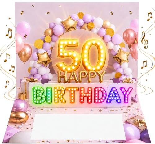 Joli Coon Geburtstagskarte 50 mit Musik und Licht, 20 x 15 cm | Pop-up-Mechanismus, Fächer für Geldscheine, Goldveredelung, passendes Kuvert, Siegelsticker, zum 50. Geburtstag