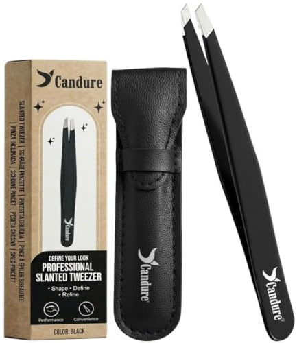 Candure Professional Slanted Tweezers for Men and Women – Precision Stainless Steel Tweezer for Brow, Chin, Facial Hair, Ingrown Hair & Plucking with Leather Pouch (Black)