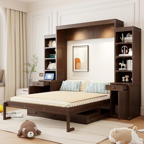 XD Designs Farmhouse Wall Murphy Bed Queen Size with Desk & Drawers, Can be Folded Solid Wood Murphy Cabinet Bedframe with Cabinets & Bookshelf, Space-Saving Design (Espresso-K18)