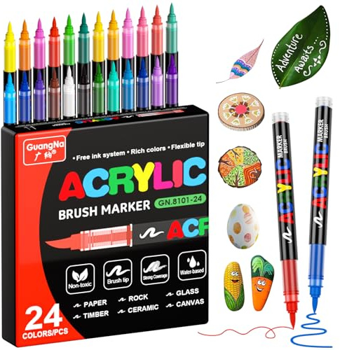 Sonlaryin 24 Farben Acrylstifte für Steine Wasserfest, Acrylic Marker | Pinselspitze Permanent Acrylstifte für Holz, Leinwand, Glas, Metall, Papier, Keramik, Stoff, Ostereier, Deko