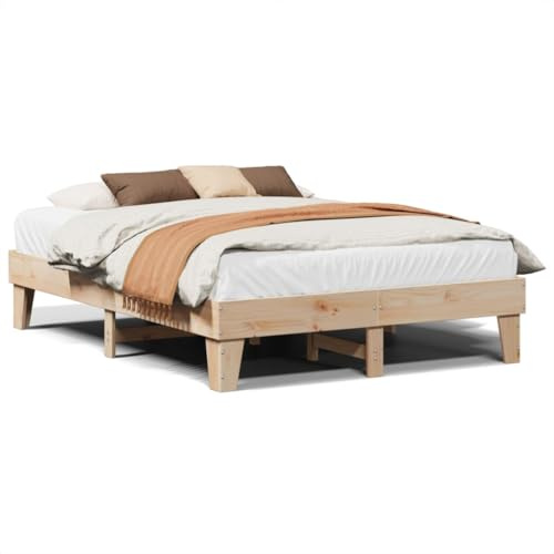 Foknhdi Massivholzbett 150x200 cm aus Kiefernholz – Rustikales Bettgestell mit Lattenrost, Stabiler Rahmen mit Stauraum für das Schlafzimmer, Naturholz unbehandelt