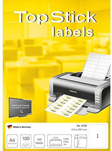 TopStick 8720 Universal Etiketten, 100 Blatt, 210 x 297 mm, 1 pro A4 Bogen, 100 Stück, selbstklebend, bedruckbar, matt, blanko Papier Klebeetiketten Aufkleber, weiß
