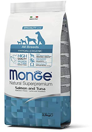 Monge Hypo Adult Salmon and Tuna, Hundefutter für alle Rassen (Hypoallergen Trockenfutter für Hunde mit Lachs und Thunfisch, Hundefutter für Sensible Hundemägen, sehr Nährstoffreich, Inhalt: 2,5 kg)